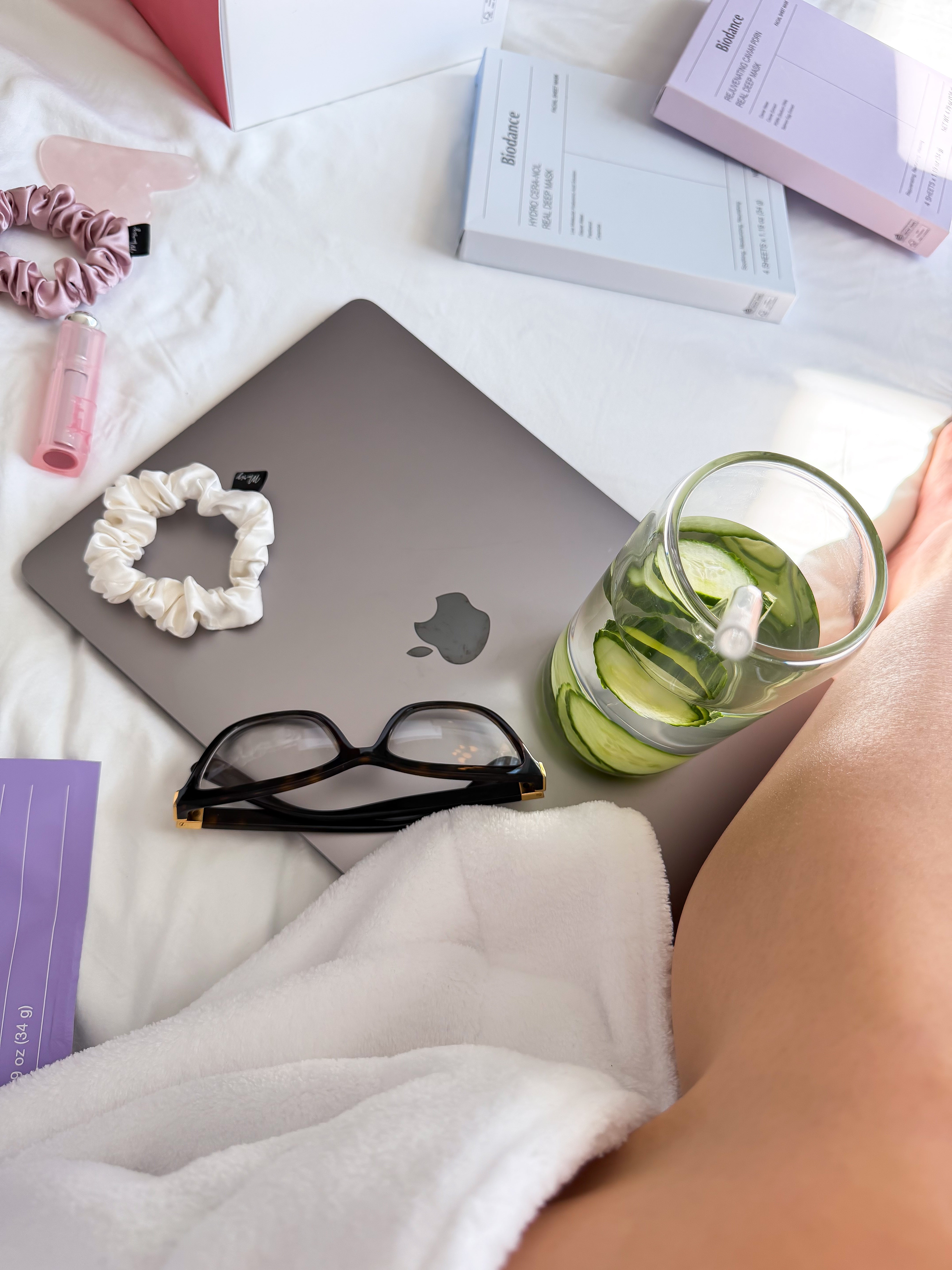 biodance face mask nighttime routine silk scrunchie hair tie dior lip gloss cucumber water