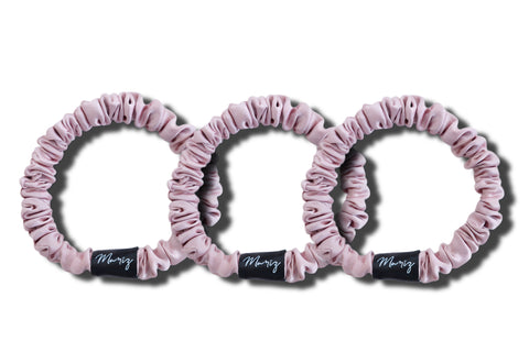 Rosé Pink Silk Skinny Scrunchies — Set of 3